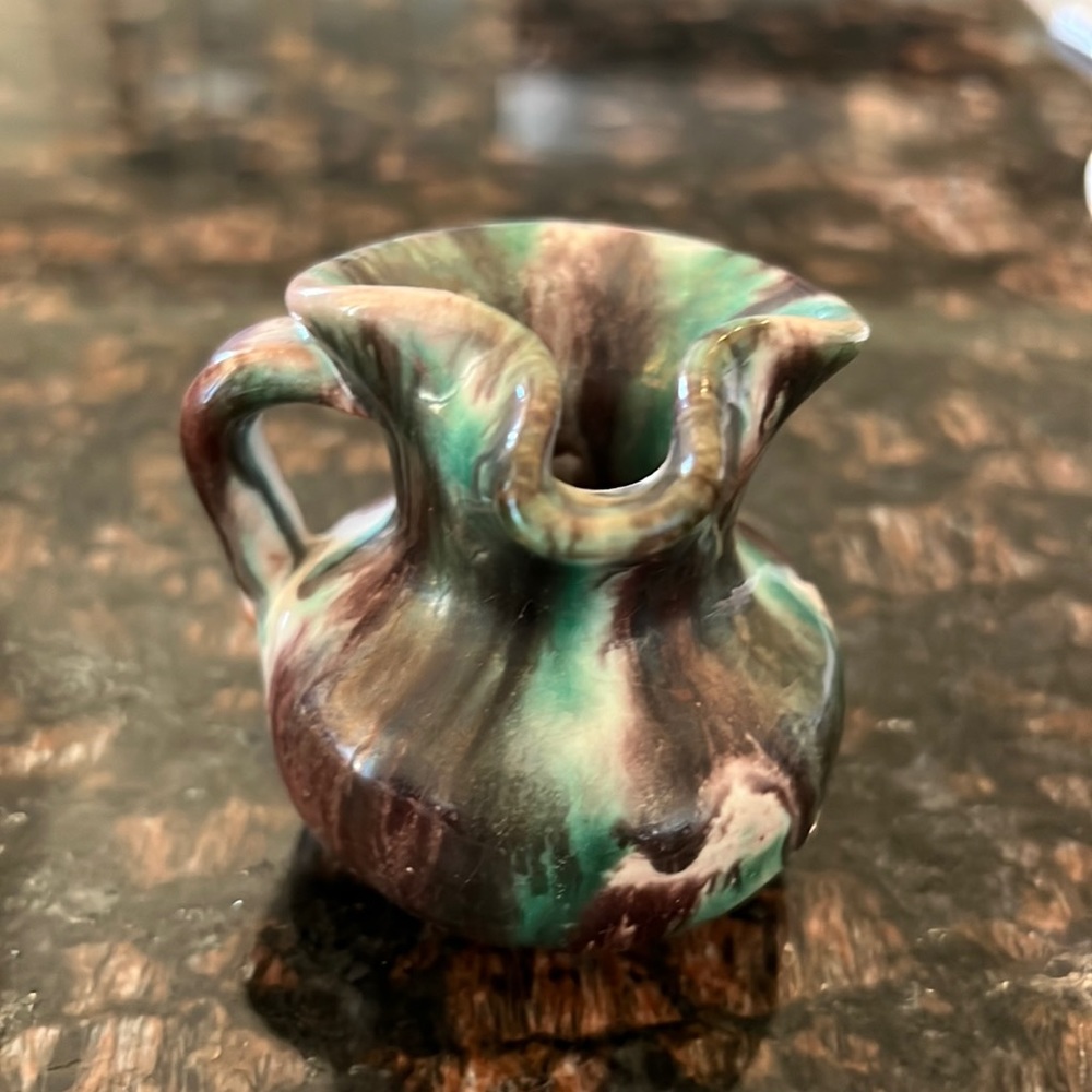 Small 3" Handmade Pottery Pitcher Williamsburg Virginia Blue Brown White Glazed.
